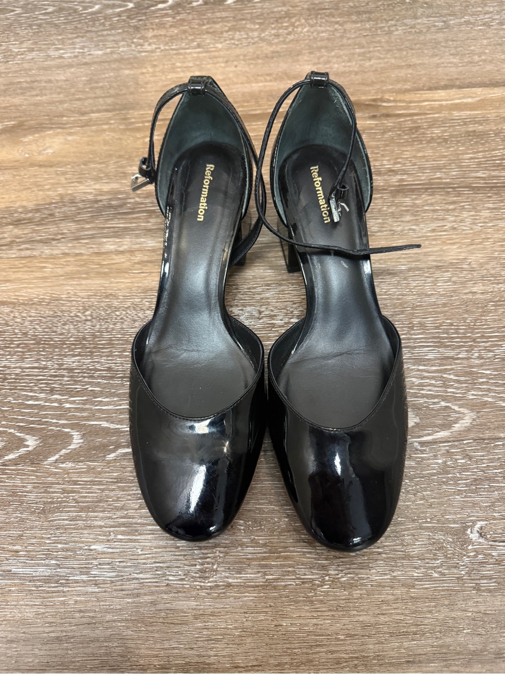 Reformation Mallori Heels Black Patent 6.5